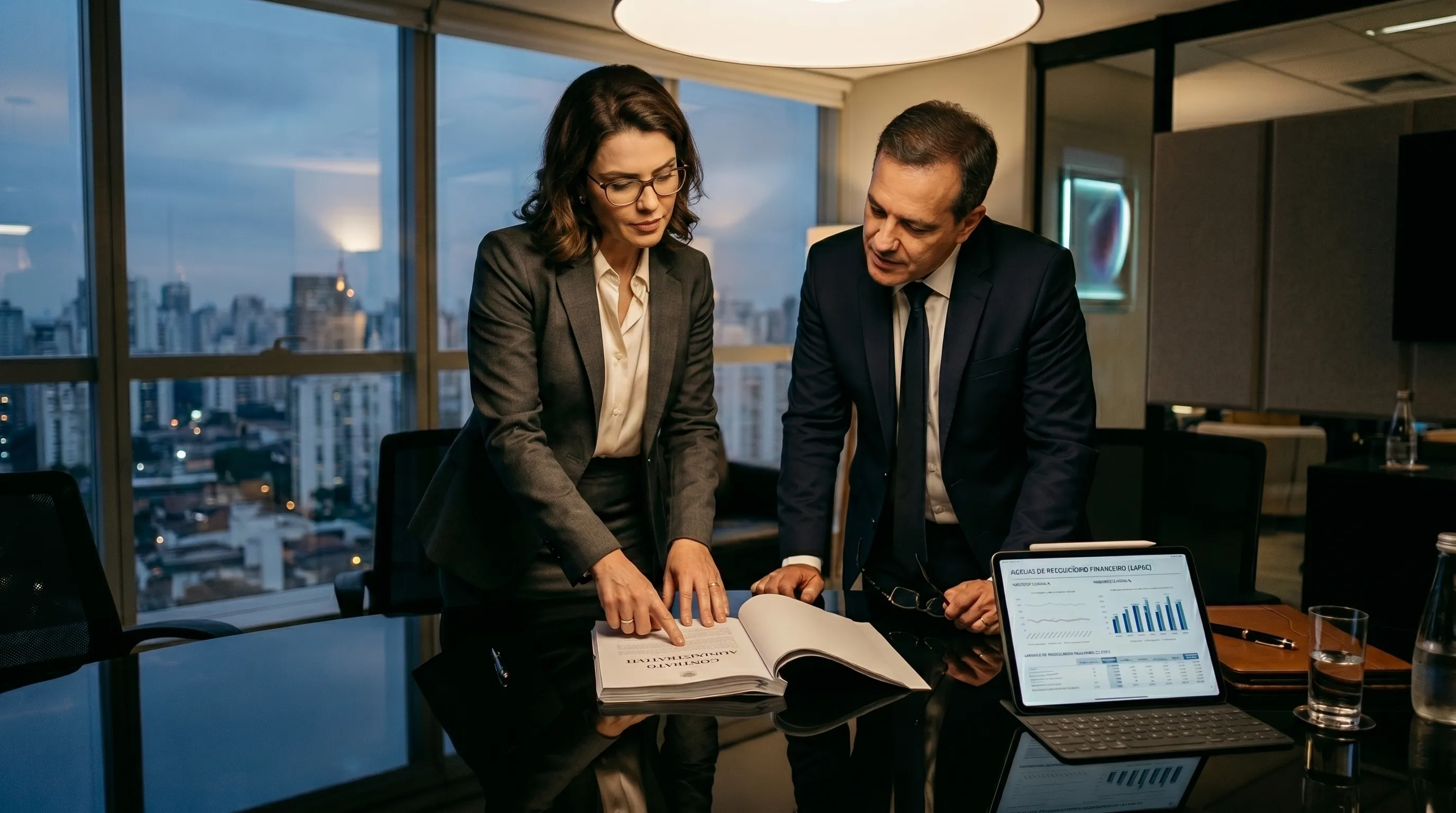 Advogados especialistas discutindo cláusulas de contrato público e reequilíbrio financeiro em reunião corporativa