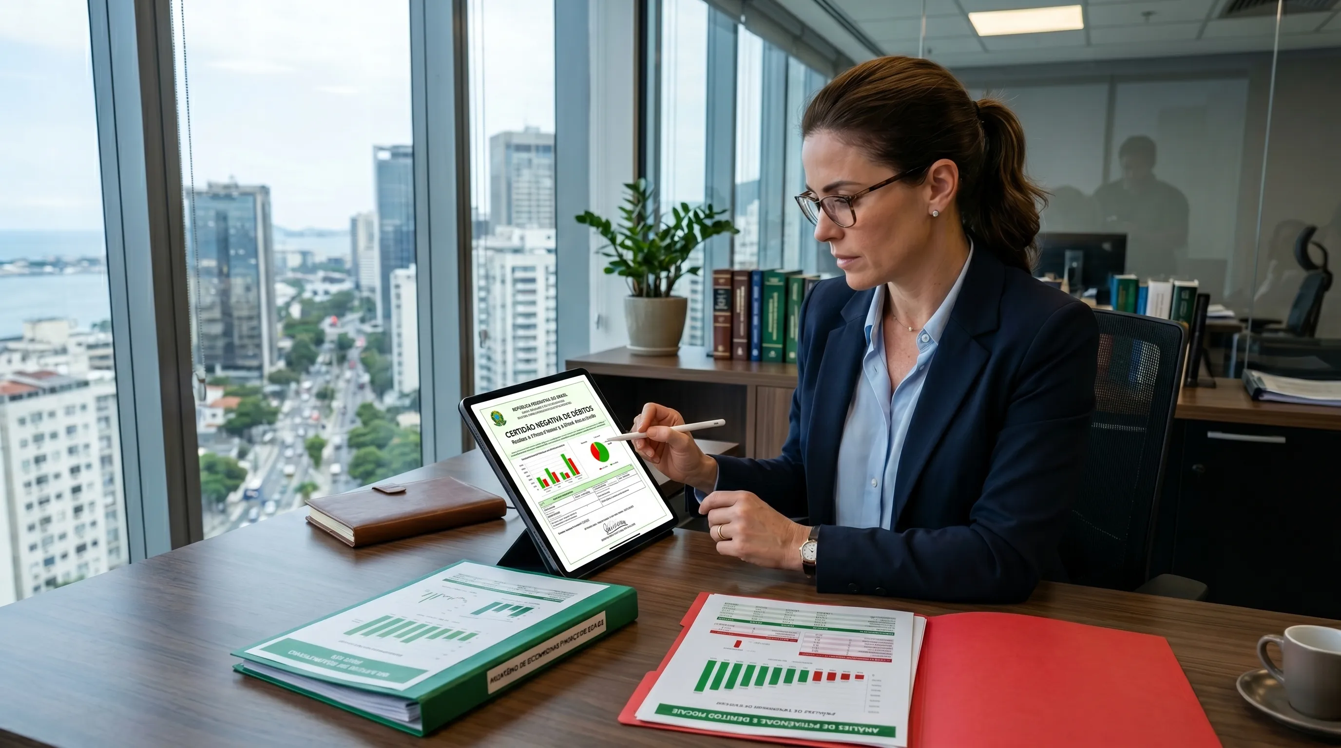 Gestor financeiro analisando relatórios de certidões