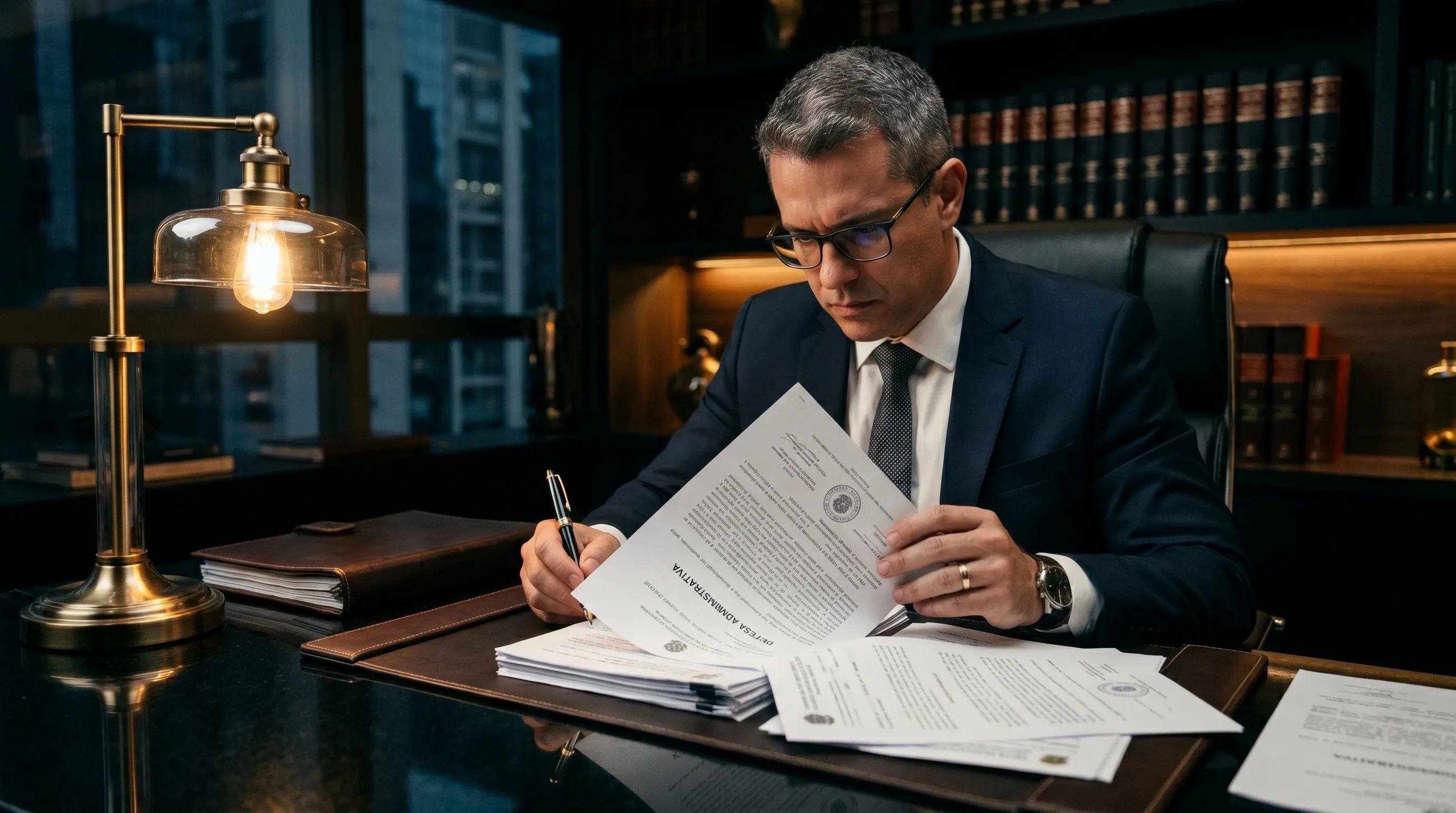 Advogado estruturando defesa administrativa contra sanções em contratos públicos