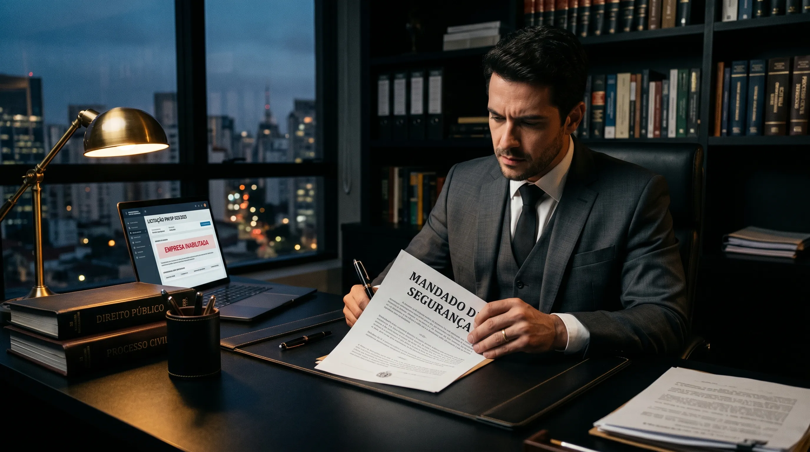 Advogado especialista preparando mandado de segurança com pedido de liminar para empresa inabilitada em licitação pública